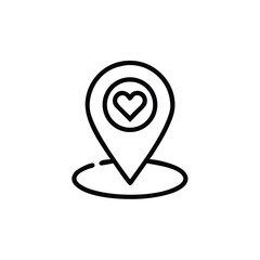 Line art location pin with heart symbol inside a circle on marker love