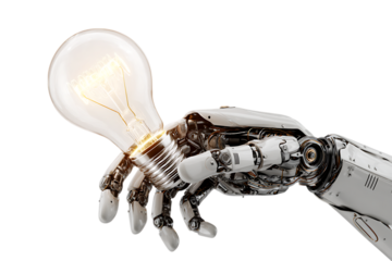 Robotic hand holding a glowing lightbulb.