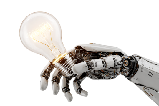Robotic hand holding a glowing lightbulb.