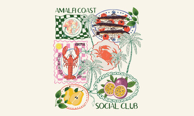 Beach sea food artwork for t shirt print, poster, sticker and other uses. Palm tree with food artwork.
