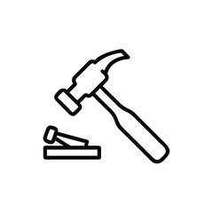 Line art hammer hitting nail on wood block construction symbol vector