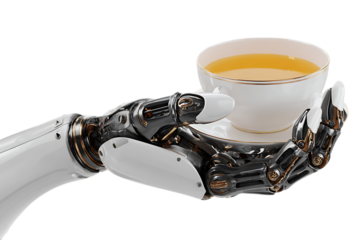 Robotic hand holding a cup of tea.