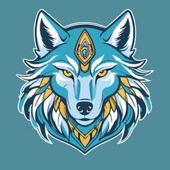 Fototapeta premium Blue and Gold Tribal Wolf Head Illustration with Ornate Details