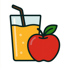 Illustration of a red apple beside a glass of orange juice with a straw.