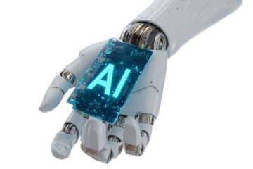 Robotic hand holding AI microchip. Futuristic technology concept.