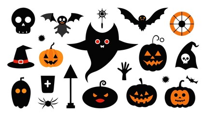 Photo of halloween silhouettes with pumpkins, bats, and ghosts isolated on white background