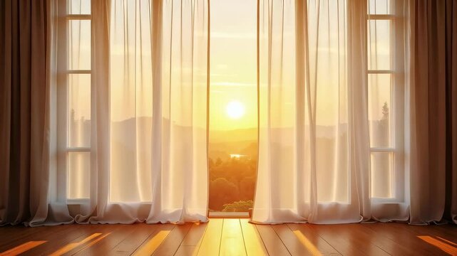 Soft morning breeze moving sheer white curtains. Sheer curtains gently sway in soft morning breeze. Sunlight streams through sheer white curtains illuminating warm wooden floor.