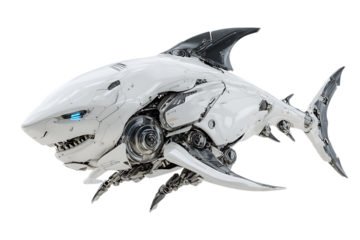 Futuristic robotic shark design. Sci fi, technology, marine life.