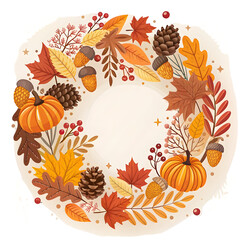 Autumn wreath with pumpkins pine cones acorns and fall leaves isolated on a transparent background