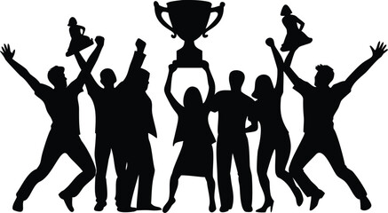 Fototapeta premium Team Celebration Victory Silhouette with Trophy and Joyful Crowd