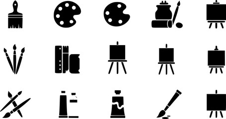 Art Supplies Icon Set in Black and White, Painting Tools
