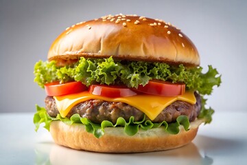 A juicy hamburger with cheese, tomato, and lettuce is isolated on white background