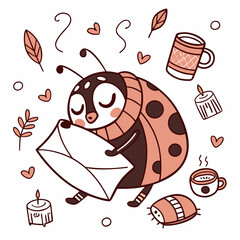 Delightful Amused Ladybug in a Christmas scene with hugging a pillow – Warm Cozy vector illustration