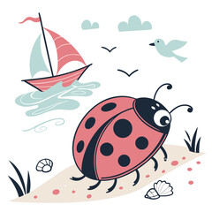 Charming SVG of a Dreamy Ladybug featuring splashing in puddles, styled in a Beach day theme with Ocean Breeze hues