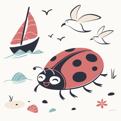 Charming SVG of a Dreamy Ladybug featuring splashing in puddles, styled in a Beach day theme with Ocean Breeze hues