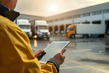 Warehouse worker using tablet managing semi-trucks logistics at sunset