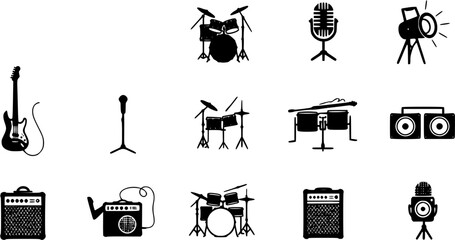 Music and Entertainment Icons - Black and White Vector Set