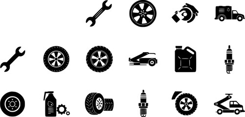 Car Repair and Maintenance Icon Set - Black Silhouettes