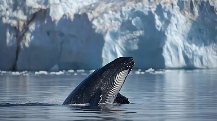 Fototapeta premium Humpback Whale Emerging from Arctic Ocean near Glacier