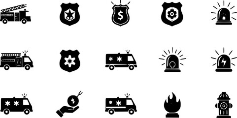 Emergency Services Icon Set - Black and White Vector