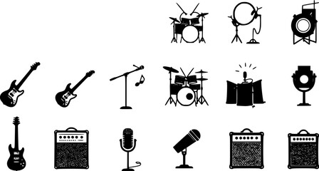 Musical Instruments Icon Set - Guitars, Drums, Amplifiers, Microphones, Vector Illustration