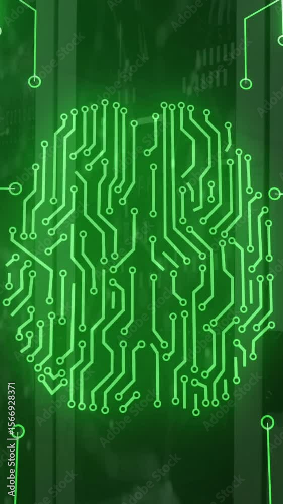 Poster animation of circuit board pattern forming brain over connected dots on server room in background