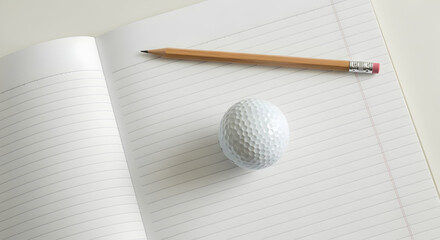Golf ball on open notebook and pencil