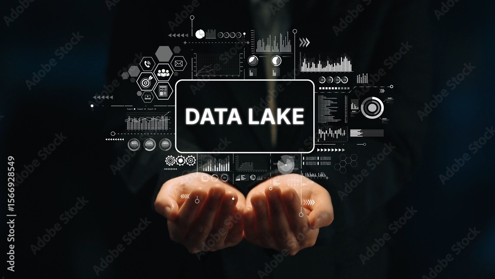Poster modern data lake concept with hands holding digital graphics representing big data and analytics tec