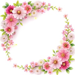 Fototapeta premium A floral frame with pink flowers and green leaves is isolated on white background