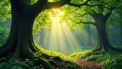 Sunlit Ancient Forest Dappled Light, Lush Textures, Peaceful Woodland Scene