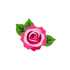 Naklejka premium Pink Rose Illustration- Elegant Floral Design- Botanical Art with Green Leaves- Perfect for Greeting Cards and Invitations- Isolated on White Background