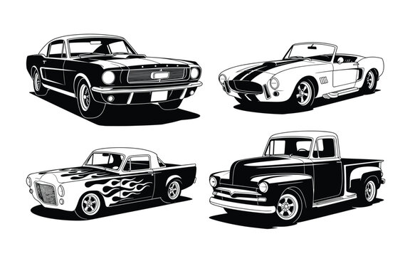 Classic Car Icon Set &ndash; Vintage Muscle, Hot Rod, Convertible, and Pickup Designs in Black Silhouette Style