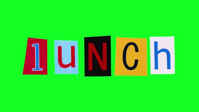 The word lunch made of funny moving rectangle pieces of paper with printed letters filmed in loop stop motion against green screen background. Cartoon style banner about food time made on chroma key