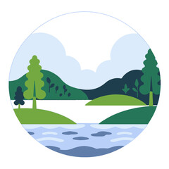Obraz premium Scenic Landscape Illustration-Minimalist Nature Design with Lake and Hills-Circular Composition with Trees and Clouds-Tranquil Outdoor Scene Depiction