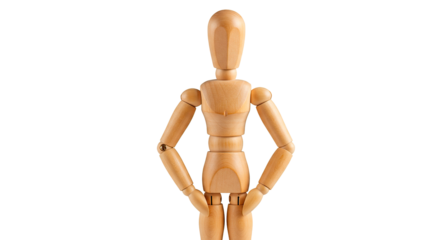A wooden mannequin strikes a confident pose against a solid black backdrop.