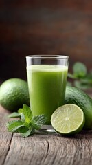Glass of vibrant green detox smoothie sits on a rustic wooden table, surrounded by fresh ingredients like lime, mint, and avocado, promoting healthy living and summer refreshment