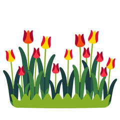 Vibrant Tulip Garden Illustration- Whimsical Floral Design with Red-Orange-Yellow Tulips- Fresh Greenery Accents- Perfect for Spring-themed Projects- Colorful Nature Art