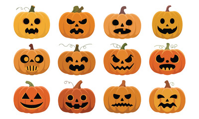 Set of halloween pumpkins, funny faces. Autumn holidays. vector design