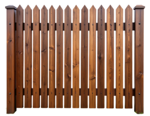 Tall Wooden Privacy Fence with Vertical Slats and Dark Stain, isolated on a transparent background