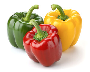 A close up shot of three bell peppers in green yellow and red color on a white background studio shot