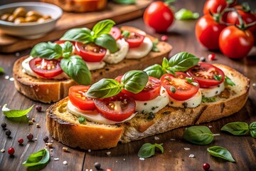 Two pieces of delicious bruschetta topped with fresh tomatoes, mozzarella, and basil