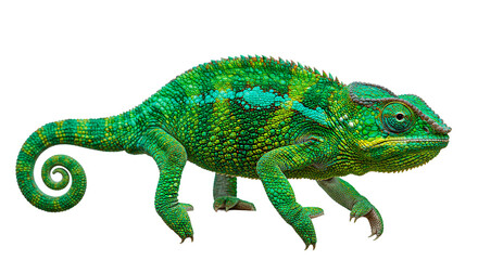 Obraz premium Vibrant green chameleon with detailed scales and curled tail, isolated on black.