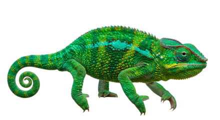 Vibrant green chameleon with detailed scales and curled tail, isolated on black.