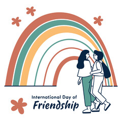 Minimalist Rainbow Arch Two Women Friends Walking Friendship Day Illustration simplified