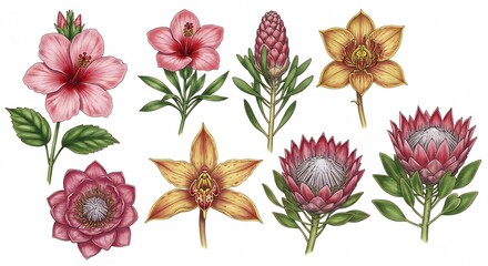 鮮やか南国花彩図鑑 緻密描写 水彩風イラスト. AI Generated