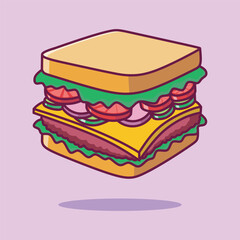 Cute Sandwich Cartoon Vector. Breakfast Food Icon Concept Isolated Premium Illustration. Flat Cartoon Style