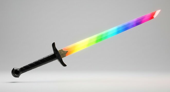 虹色に輝く幻想的な刀 滑らかな曲線 美しく光る刃 This translates roughly to: "Rainbow shining, fantastic sword. Smooth curve, beautiful shining blade.". AI Generated