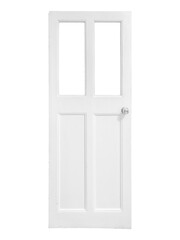 White wooden door with two glass panels and a metal handle is isolated.