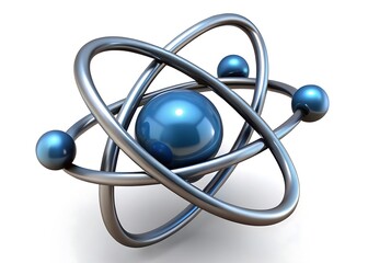 A metallic atom model with blue spheres isolated on white background
