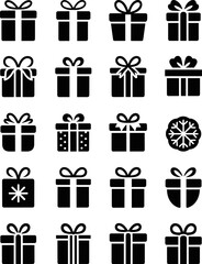 Gift Box Icons Vector Set &ndash; Black Solid Present Symbols with Ribbons and Decorations